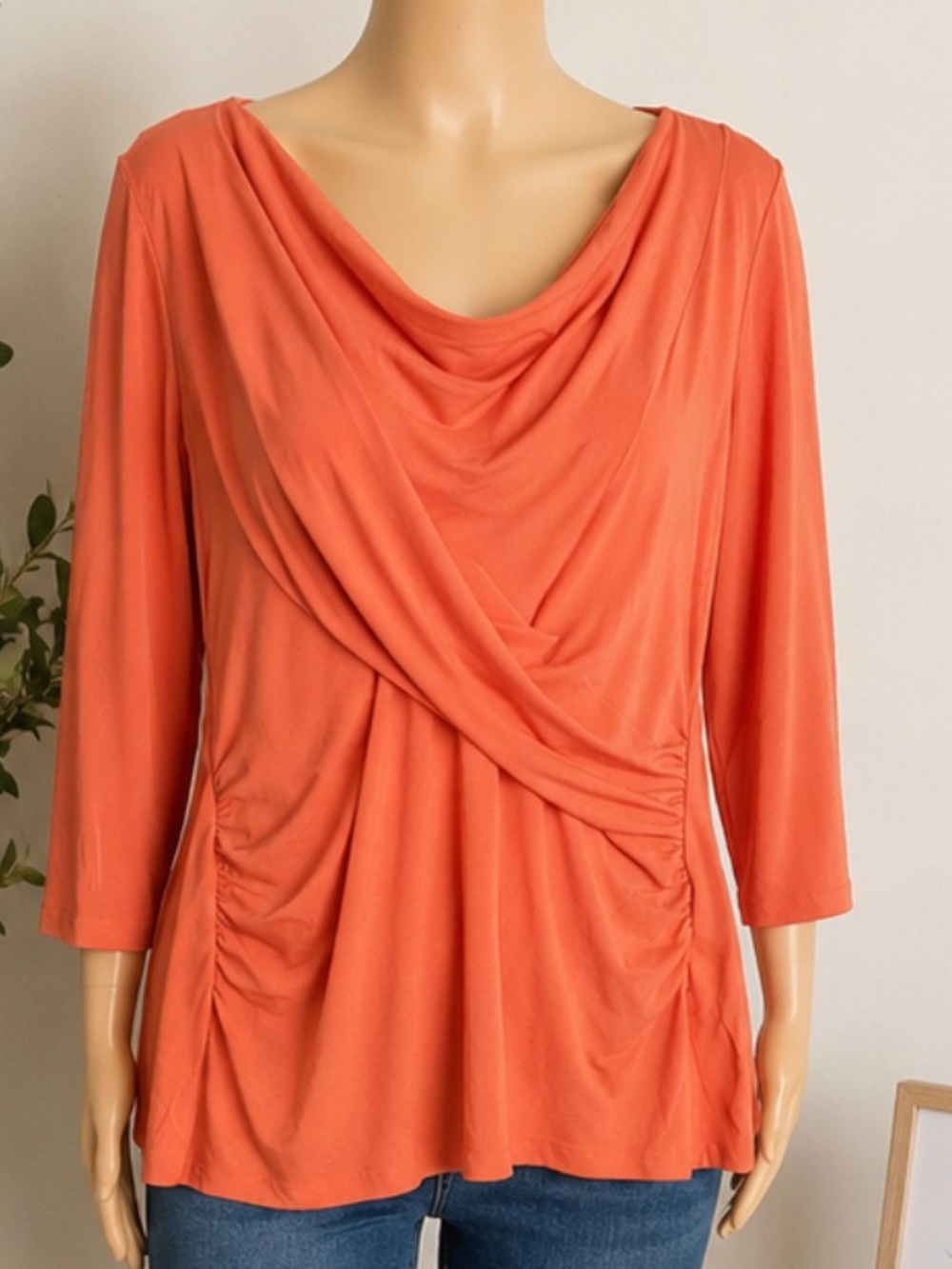 New York & Company Coral Orange Draped V-Neck Tunic